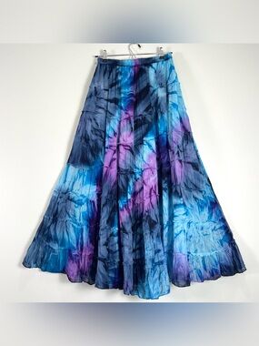 PHOOL Women's Cotton Cauze Tie Dy Tiered Maxi Skirt Blue Purple Boho Size Small